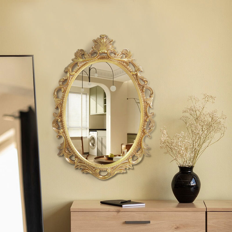 Antique Gold Wall Mounted Vanity Mirrors with Scroll Design for Entryways Living Dressing Room Bedroom, Vintage Oval Mirror
