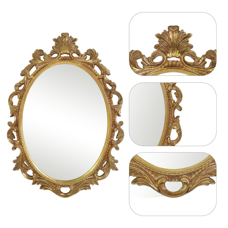 Antique Gold Wall Mounted Vanity Mirrors with Scroll Design for Entryways Living Dressing Room Bedroom, Vintage Oval Mirror