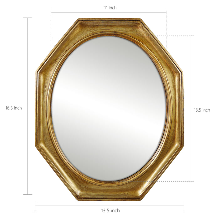 Antique-Style Octagon Frame Mirror with Brushed Gold Finish - 13.5x16.5 Inches