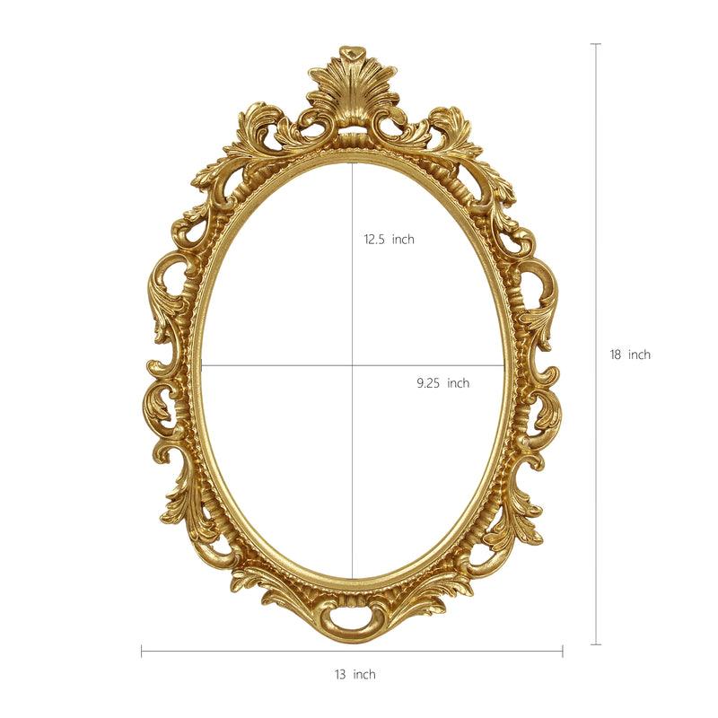 Decorative gold mirror with dimensions on a white background