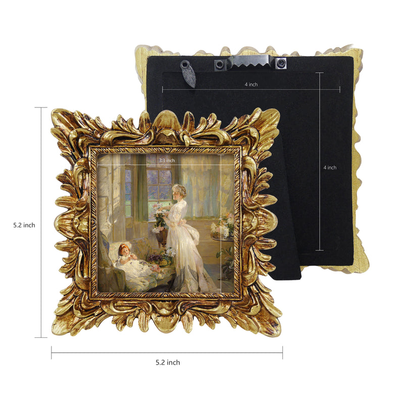 Vintage Gold Picture Frame 4x4, Hand-Painted Square Floral Decorative Frame for Wall or Tabletop Display