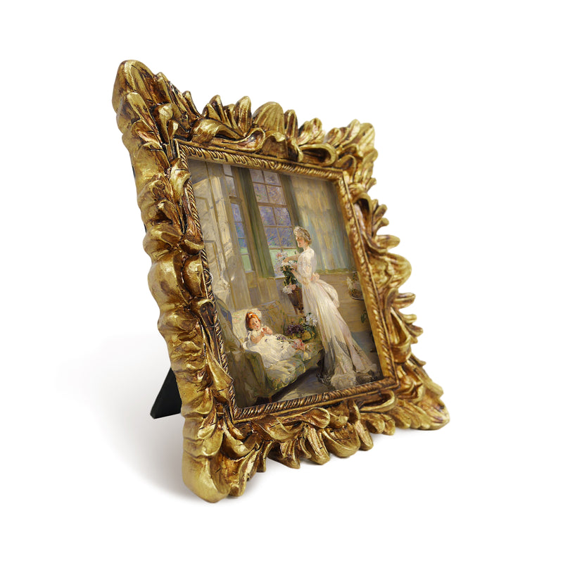 Vintage Gold Picture Frame 4x4, Hand-Painted Square Floral Decorative Frame for Wall or Tabletop Display