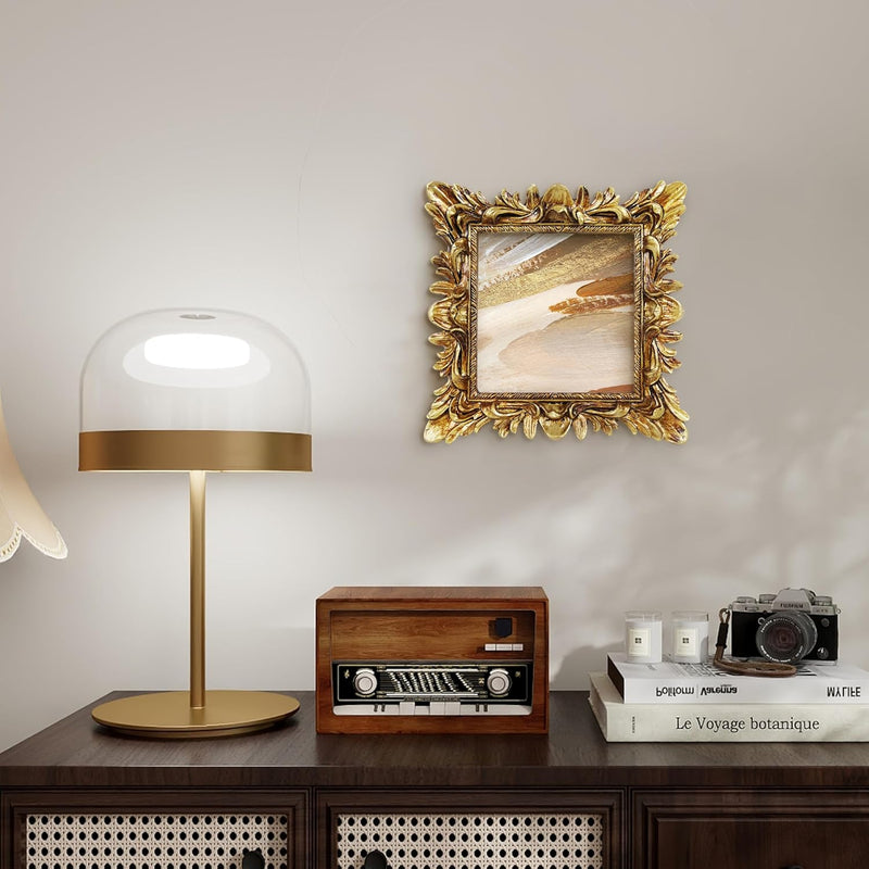 Vintage Gold Picture Frame 4x4, Hand-Painted Square Floral Decorative Frame for Wall or Tabletop Display