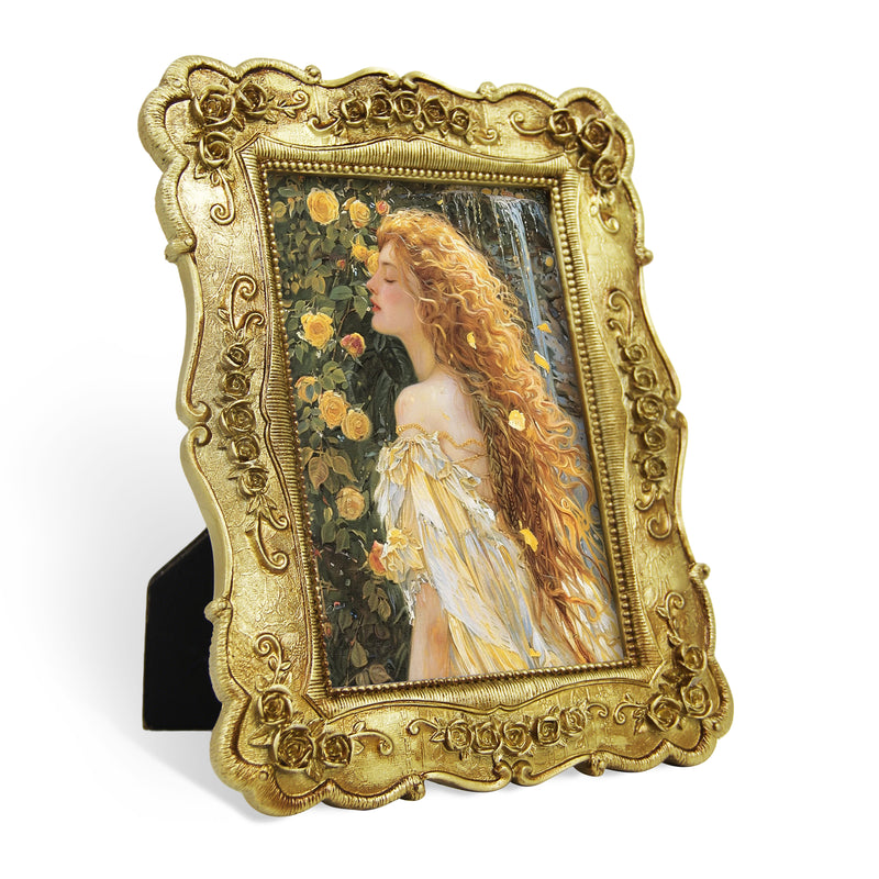 Gold Picture Frames 4x6 for Wall and Desk Display, Vintage 4 x 6 Picture Frame with Hand Carved Roses Flowers Detail, Rustic House Living Room Shelf Decor