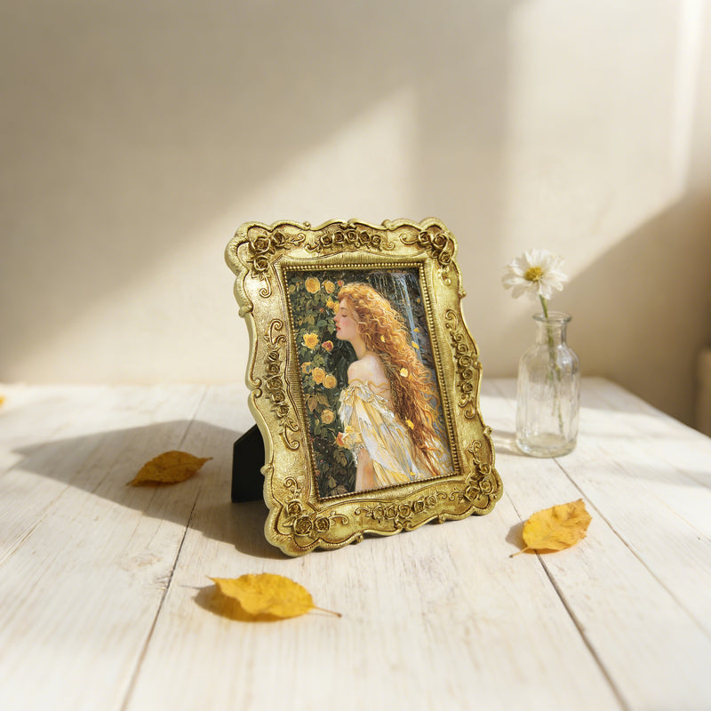 Gold Picture Frames 4x6 for Wall and Desk Display, Vintage 4 x 6 Picture Frame with Hand Carved Roses Flowers Detail, Rustic House Living Room Shelf Decor