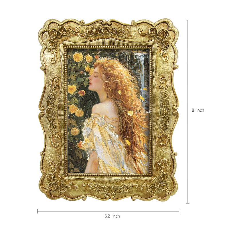 Gold Picture Frames 4x6 for Wall and Desk Display, Vintage 4 x 6 Picture Frame with Hand Carved Roses Flowers Detail, Rustic House Living Room Shelf Decor