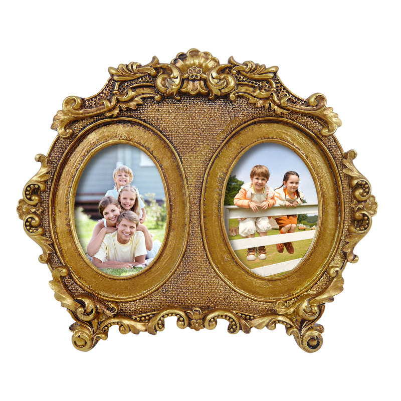 Vintage Double Picture Frame 2.5x3.5, Gold 2-Opening Oval Photo Frames Horizontal for Family Portraits, Antique Style Home Office Shelf Desk Décor