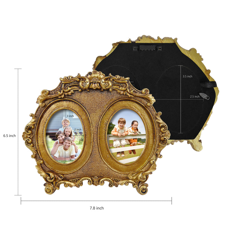 Vintage Double Picture Frame 2.5x3.5, Gold 2-Opening Oval Photo Frames Horizontal for Family Portraits, Antique Style Home Office Shelf Desk Décor