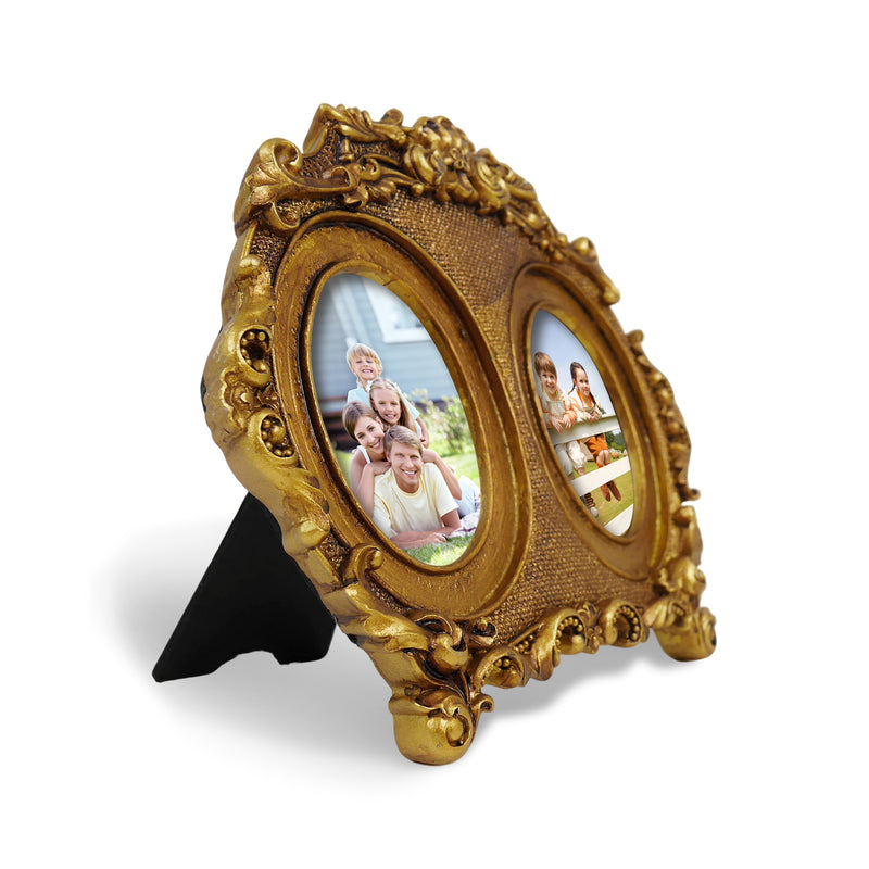 Vintage Double Picture Frame 2.5x3.5, Gold 2-Opening Oval Photo Frames Horizontal for Family Portraits, Antique Style Home Office Shelf Desk Décor
