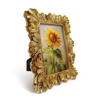 Gold 4x6 vintage 4x6 picture frame with asymmetric floral carved border displayed in home décor setting
