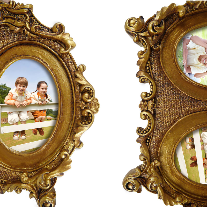 Vintage Double Picture Frame 2.5x3.5, Gold 2-Opening Oval Photo Frames Horizontal for Family Portraits, Antique Style Home Office Shelf Desk Décor