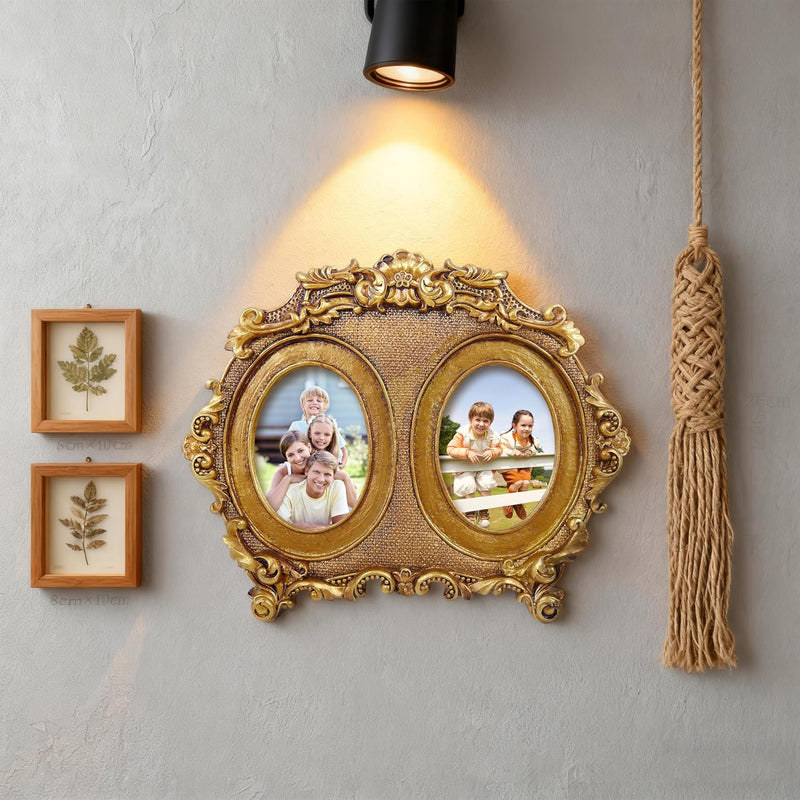 Vintage Double Picture Frame 2.5x3.5, Gold 2-Opening Oval Photo Frames Horizontal for Family Portraits, Antique Style Home Office Shelf Desk Décor