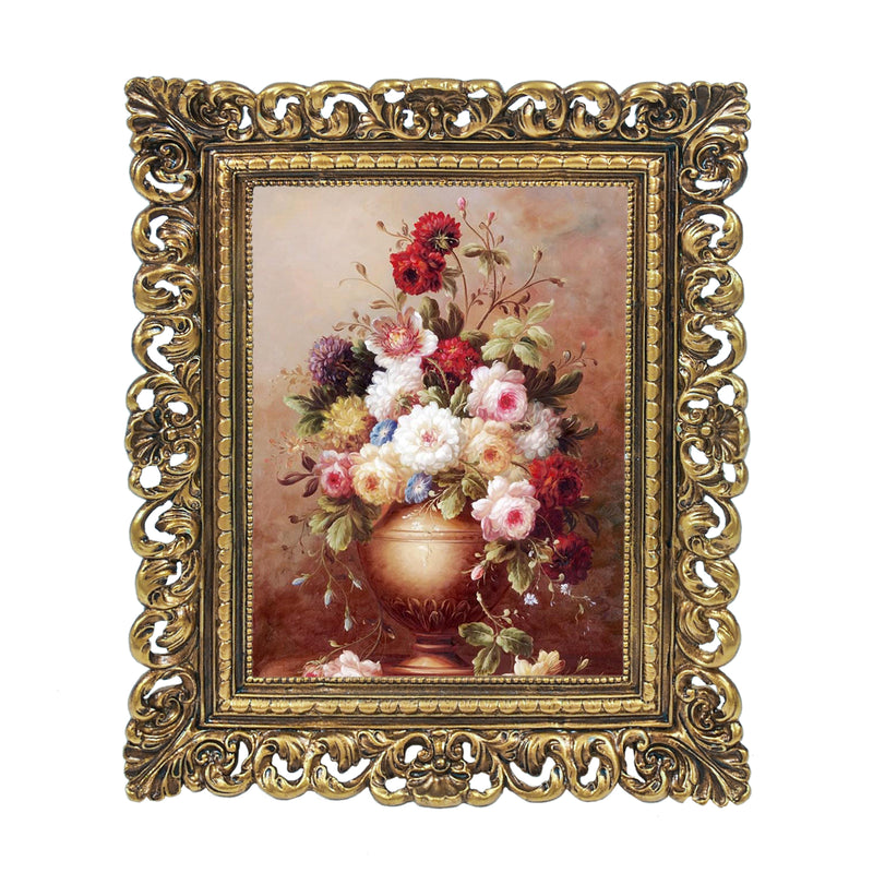 Gold 4x6 / 5x7 vintage picture frame with scalloped border and floral design for wall and tabletop display, hand-painted