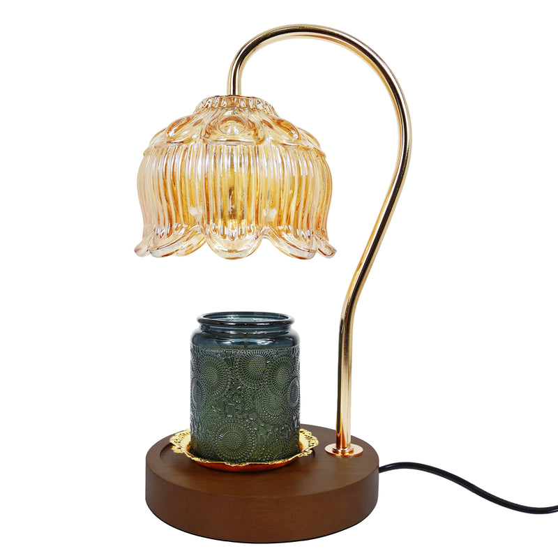 Decorative table candle warmer lamp with a gold curved arm, glass shade, and wooden base.