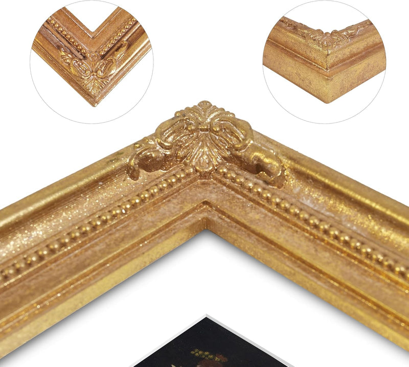 Gold vintage 8x10 picture frame matted for 5x7 image, floral beaded border for wall and tabletop display