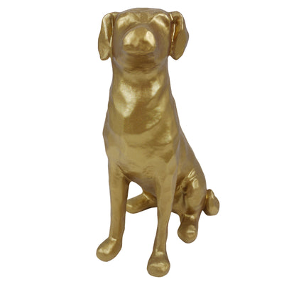 Gold Labrador sculpture in sitting pose, three-quarter front view on white background