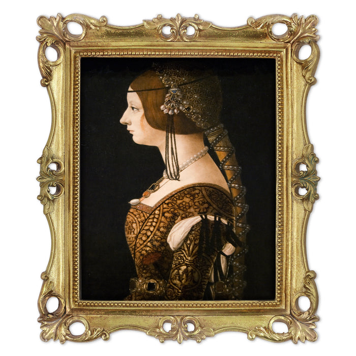 An ornate vintage-inspired gold picture frame, designed for an 8x10-inch picture, featuring a decorative painting of a woman inside.