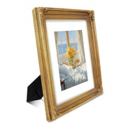 Gold vintage 8x10 picture frame matted for 5x7 image, floral beaded border for wall and tabletop display