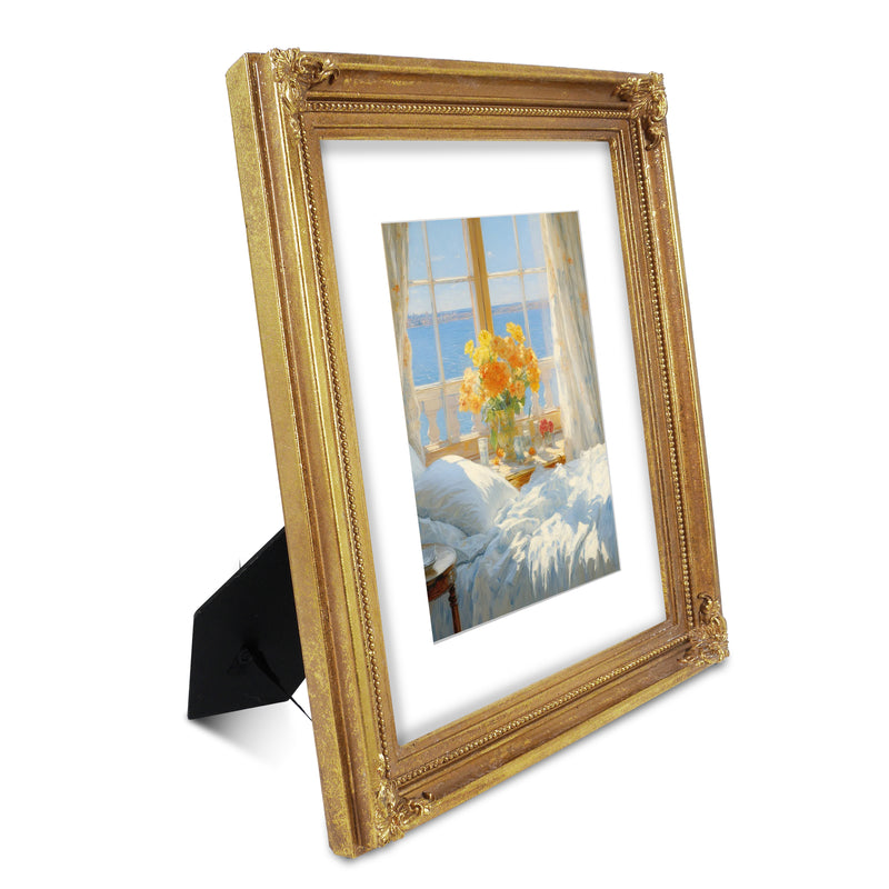 Gold vintage 8x10 picture frame matted for 5x7 image, floral beaded border for wall and tabletop display