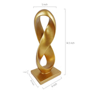Gold twisted sculpture with dimensions on a white background.