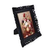 Black 4x6 / 5x7 vintage picture frame with scalloped border and floral design for wall and tabletop display, hand-painted