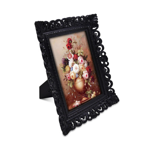 Black 4x6 / 5x7 vintage picture frame with scalloped border and floral design for wall and tabletop display, hand-painted