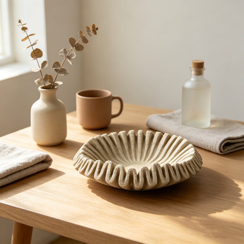 Fluted Scalloped Decorative Bowl, 10" Diameter × 3" Tall Catch-all Bowl, Coffee Table Entryway Bookshelf Decor