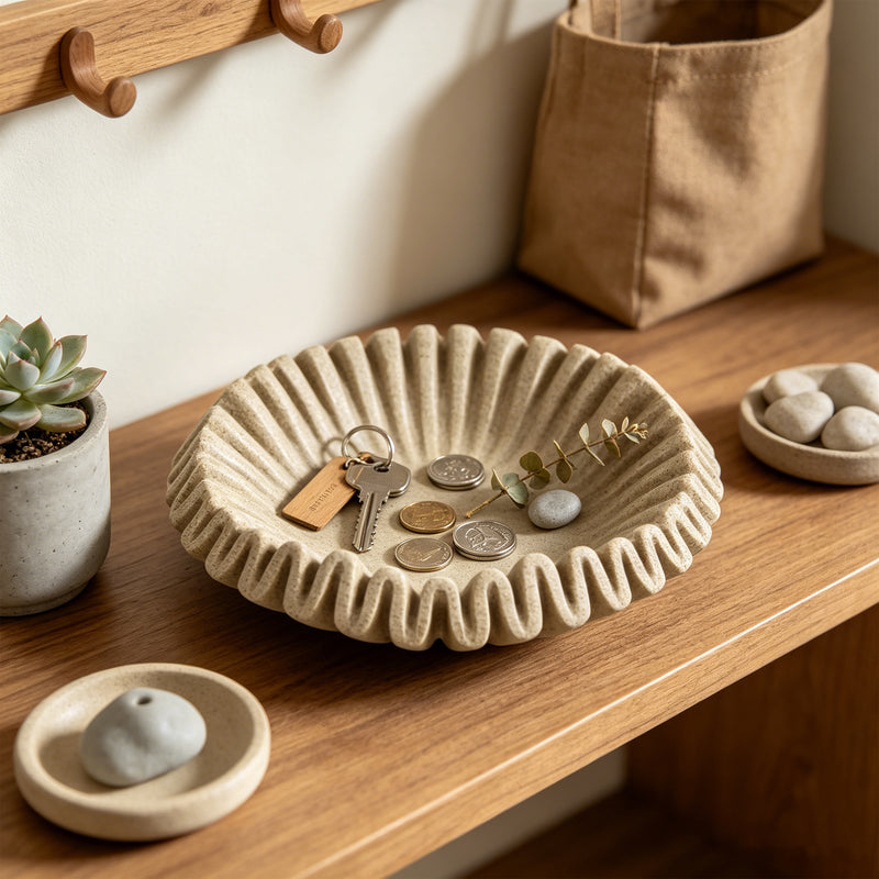 Fluted Scalloped Decorative Bowl, 10" Diameter × 3" Tall Catch-all Bowl, Coffee Table Entryway Bookshelf Decor