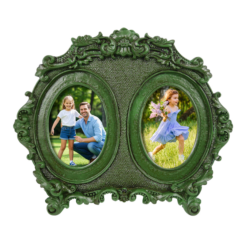 Vintage Double Picture Frame 2.5x3.5, Green Twin Photo Frames Horizontal for Family Couple Portraits, Antique Style Bedside Table Office Desk Décor