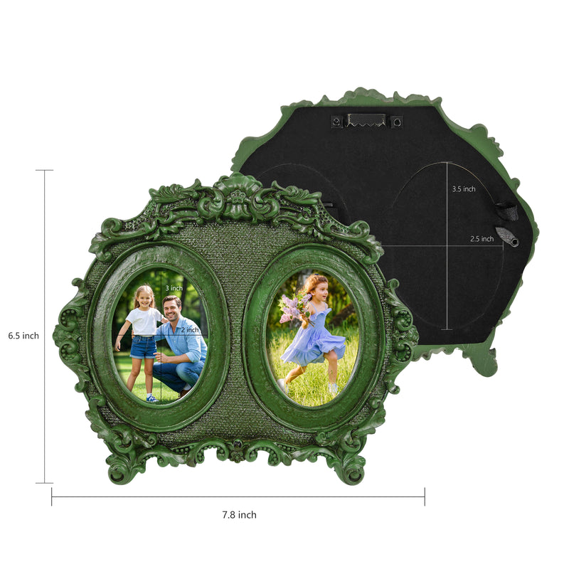 Vintage Double Picture Frame 2.5x3.5, Green Twin Photo Frames Horizontal for Family Couple Portraits, Antique Style Bedside Table Office Desk Décor