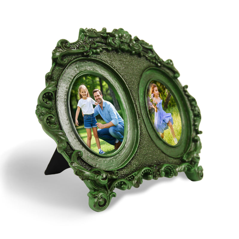 Vintage Double Picture Frame 2.5x3.5, Green Twin Photo Frames Horizontal for Family Couple Portraits, Antique Style Bedside Table Office Desk Décor