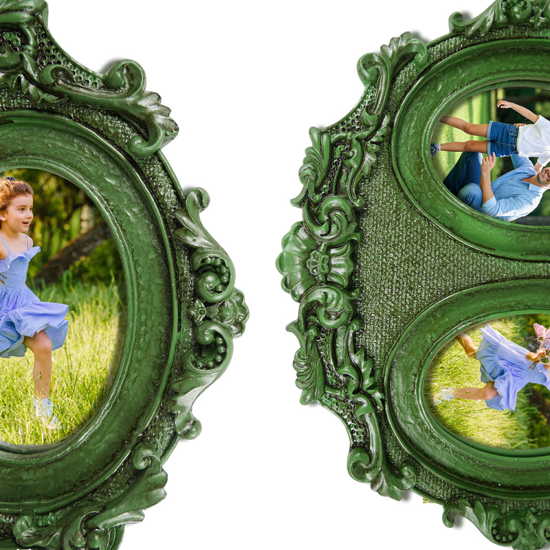 Vintage Double Picture Frame 2.5x3.5, Green Twin Photo Frames Horizontal for Family Couple Portraits, Antique Style Bedside Table Office Desk Décor