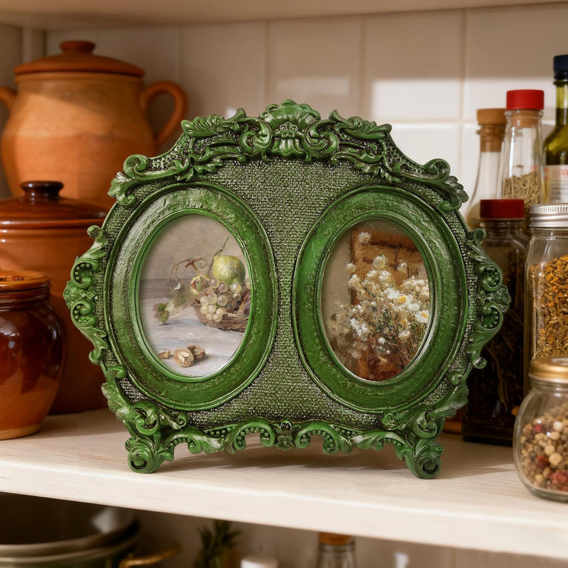 Vintage Double Picture Frame 2.5x3.5, Green Twin Photo Frames Horizontal for Family Couple Portraits, Antique Style Bedside Table Office Desk Décor