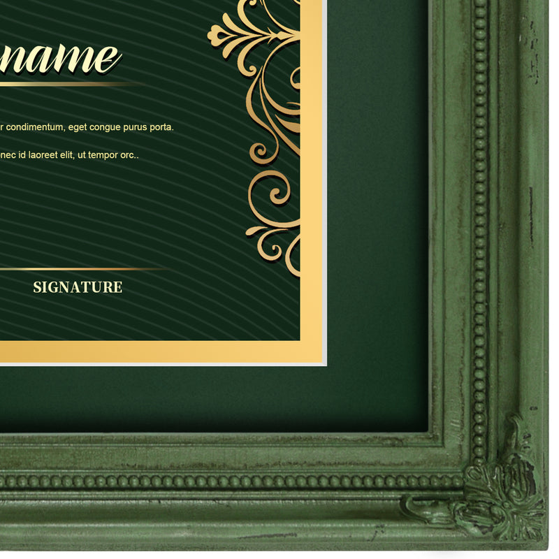 11x14 Vintage Diploma Certificate Frame with Mat for 8.5x11, Ornate Floral Border, Wall and Tabletop Display — Black, Green, Gold