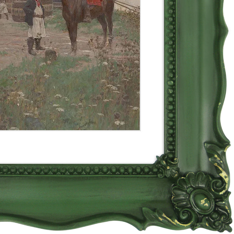 Green 8x10 baroque-style vintage picture frame with mat for 5x7 photos displayed in home décor setting
