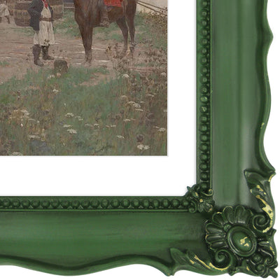 Green 8x10 baroque-style vintage picture frame with mat for 5x7 photos displayed in home décor setting
