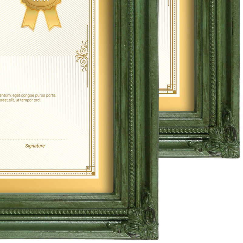 Green vintage 8.5x11 diploma frame corner close-up showing distressed antique patina finish