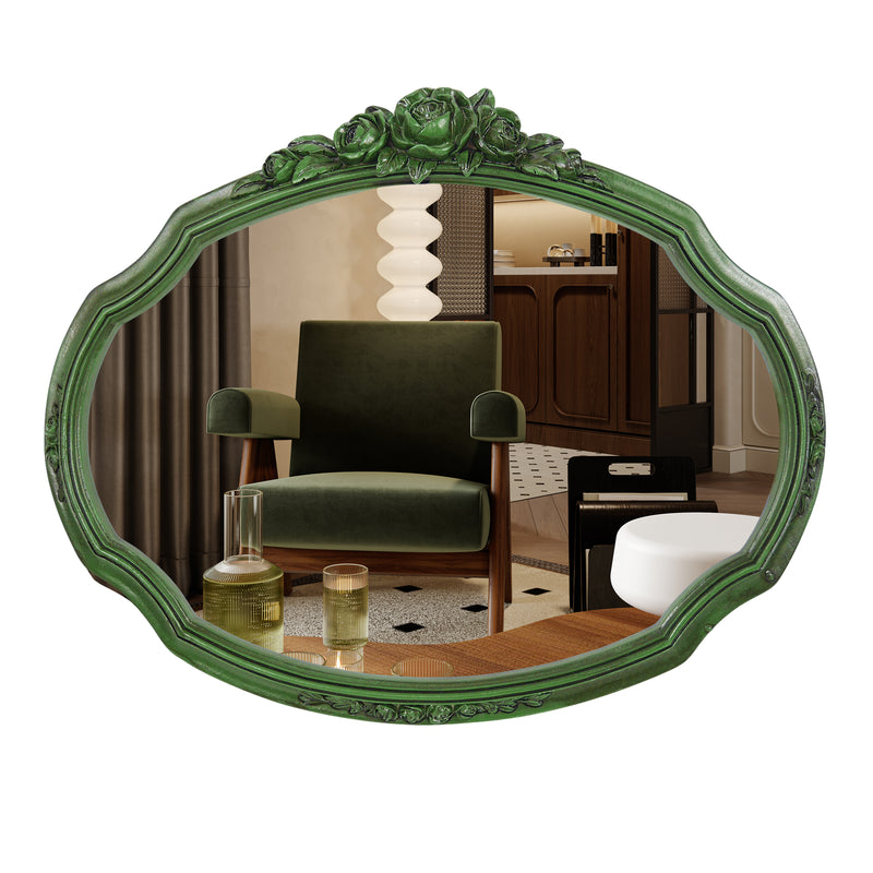 Decorative Mirrors with Rose Floral Carvings for Wall, Rustic Green Vanity Mirror for Bedroom Living Room Wedding Décor
