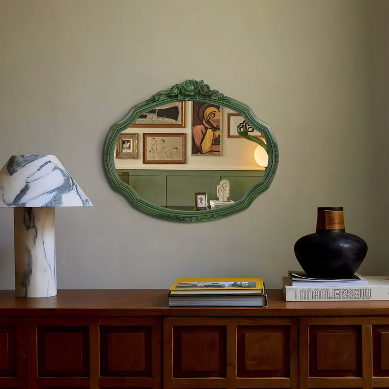 Decorative Mirrors with Rose Floral Carvings for Wall, Rustic Green Vanity Mirror for Bedroom Living Room Wedding Décor