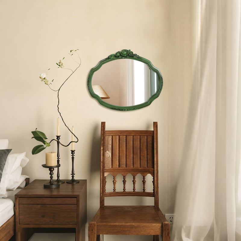 Decorative Mirrors with Rose Floral Carvings for Wall, Rustic Green Vanity Mirror for Bedroom Living Room Wedding Décor