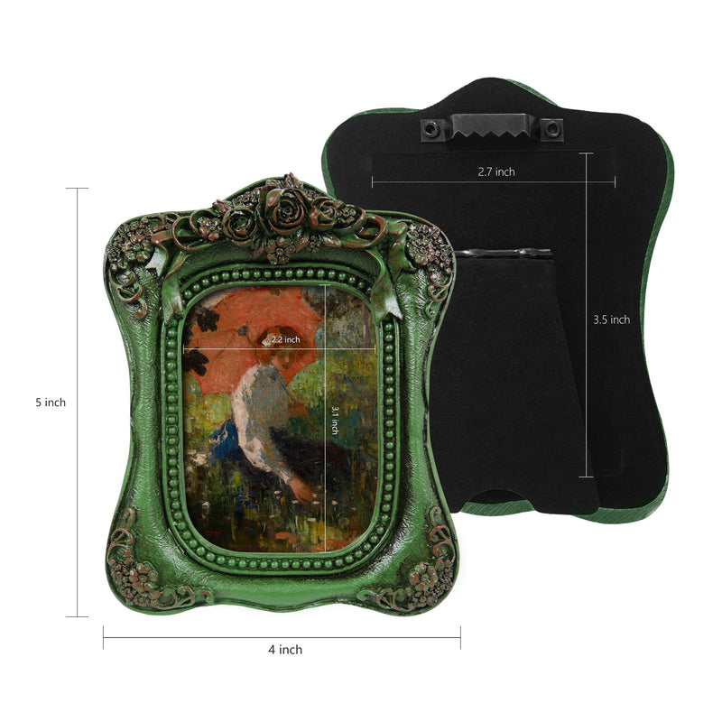 Dark Green Small Picture Frame 2.5x3.5, Hand Crafted Rose Carving Decorative Frames for Home Décor or Gifting