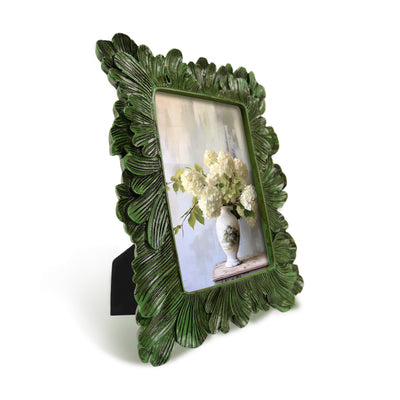 Green 4x6 vintage 4x6 picture frame with asymmetric floral carved border, alternate view showing frame detail
