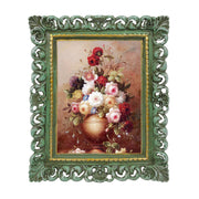 Green 4x6 / 5x7 vintage picture frame with scalloped border and floral design for wall and tabletop display, hand-painted