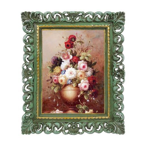 Green 4x6 / 5x7 vintage picture frame with scalloped border and floral design for wall and tabletop display, hand-painted