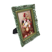 Green 4x6 / 5x7 vintage picture frame with scalloped border and floral design for wall and tabletop display, hand-painted