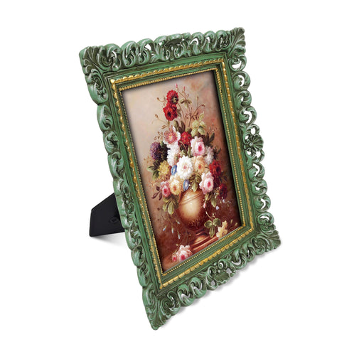 Green 4x6 / 5x7 vintage picture frame with scalloped border and floral design for wall and tabletop display, hand-painted