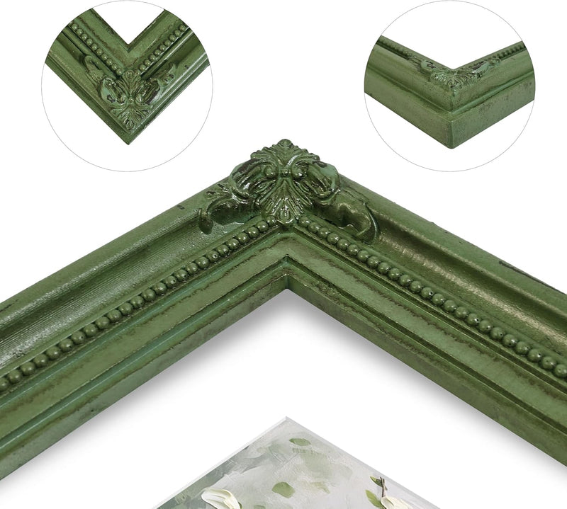 Green vintage 8x10 picture frame matted for 5x7 image, floral beaded border for wall and tabletop display