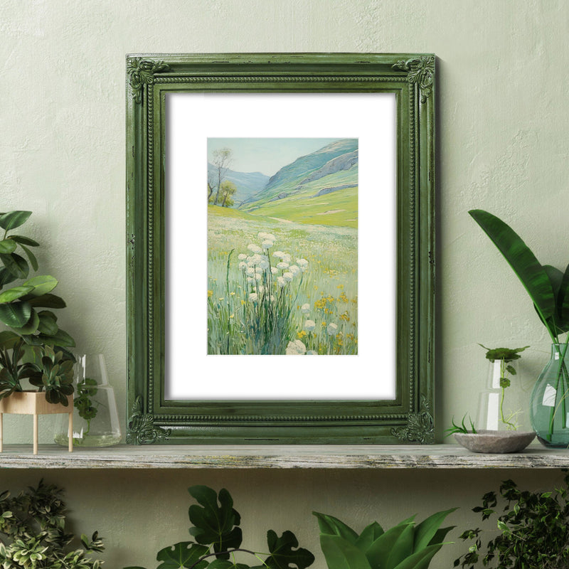 Green vintage 8x10 picture frame matted for 5x7 image, floral beaded border for wall and tabletop display