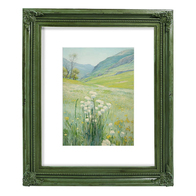 Green vintage 8x10 picture frame matted for 5x7 image, floral beaded border for wall and tabletop display