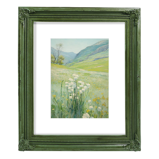 Green vintage 8x10 picture frame matted for 5x7 image, floral beaded border for wall and tabletop display